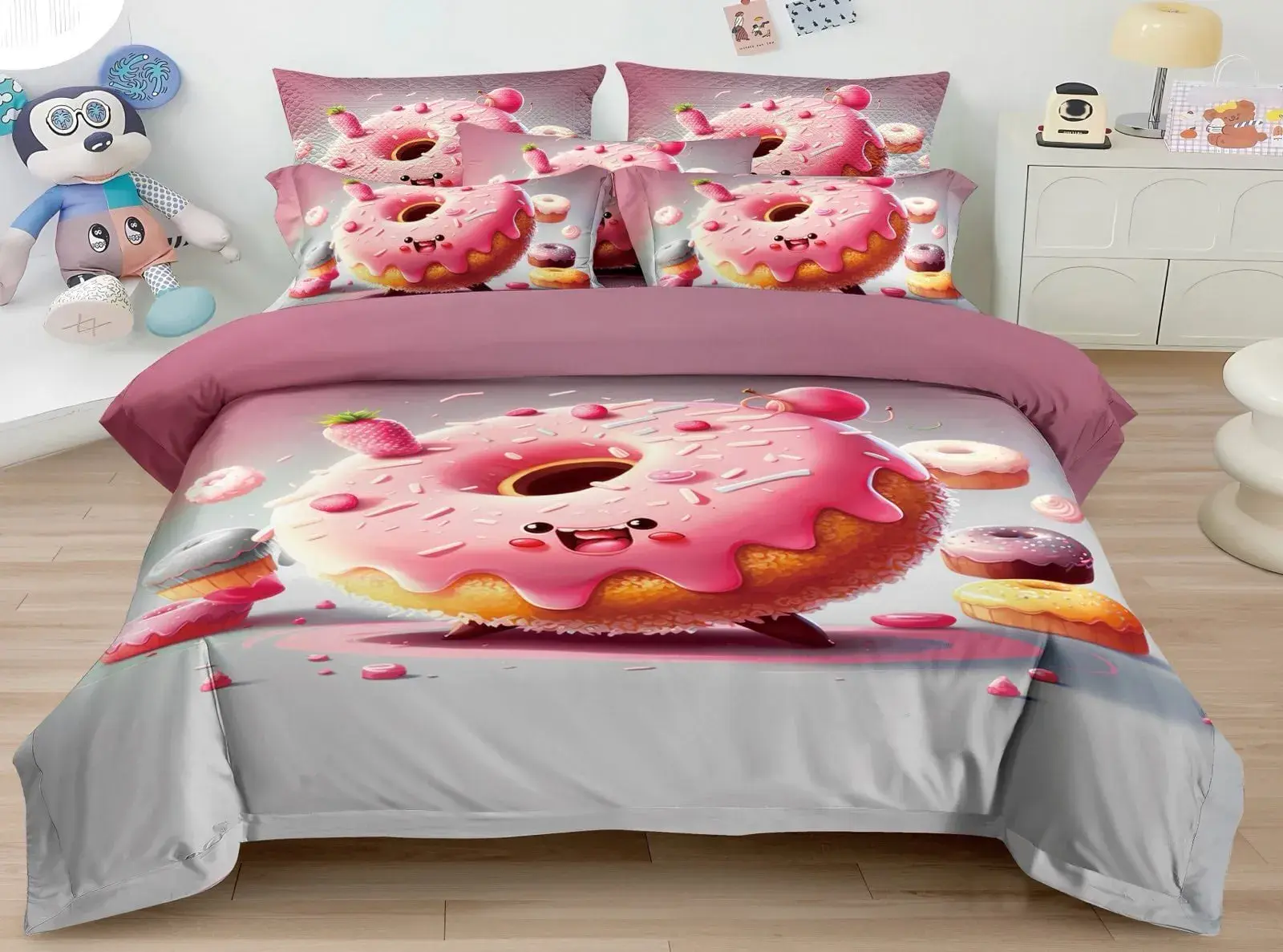 Pościel Bawełniana 3cz 160/200 Wzór Pączek Donut Różowa