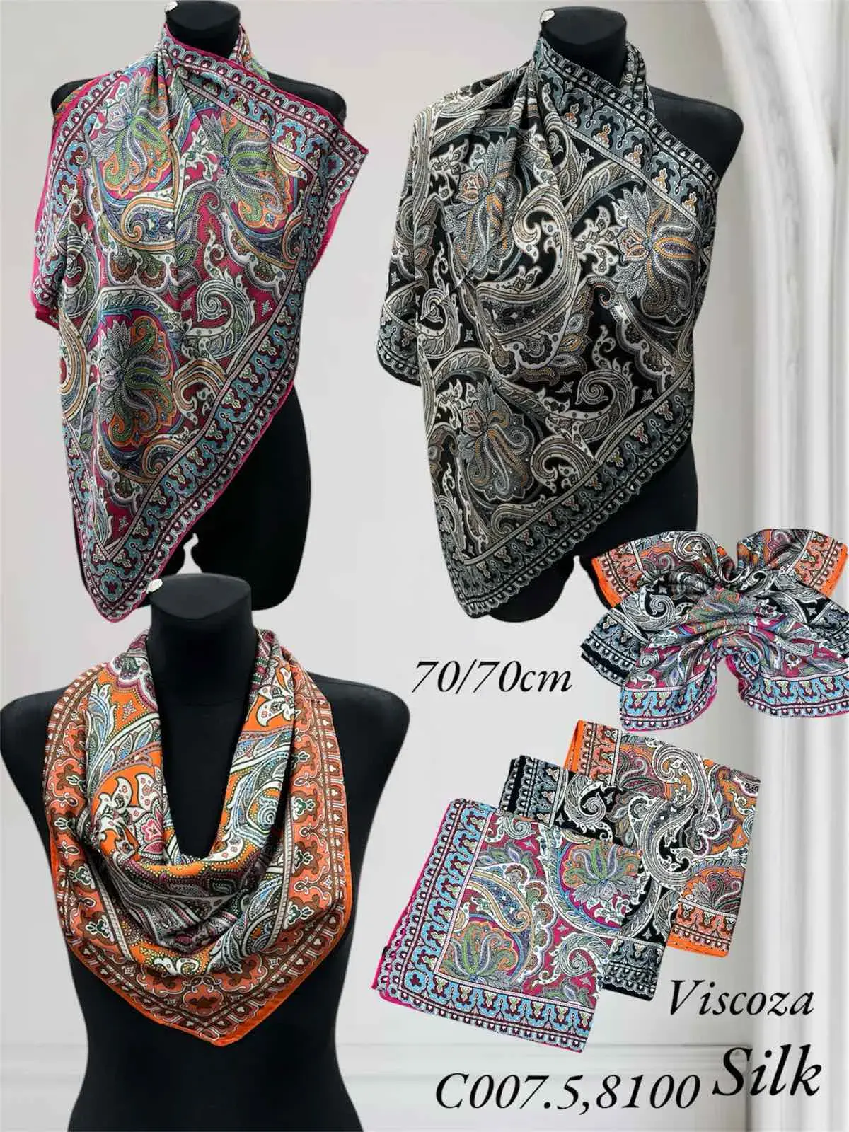 Szaliki damskie 70x70cm wzór paisley viskoza silk