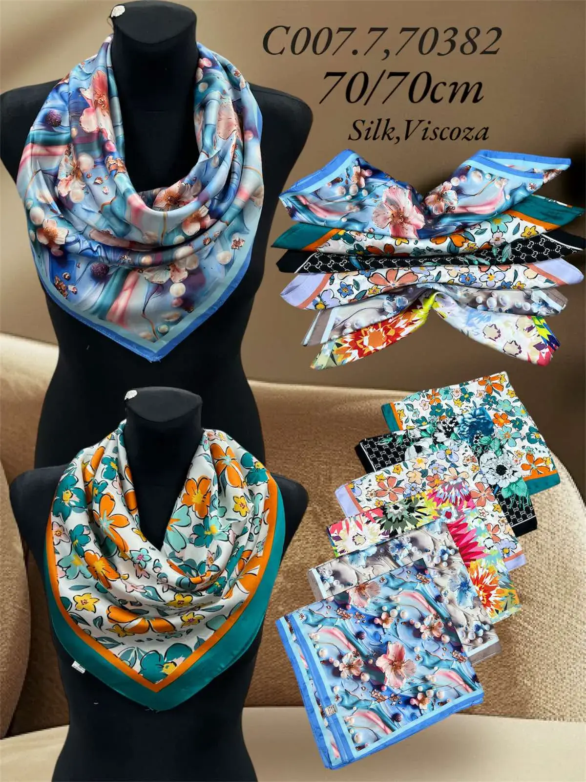Szaliki damskie apaszki 70/70cm kwiatowe Silk & Viscoza 12szt