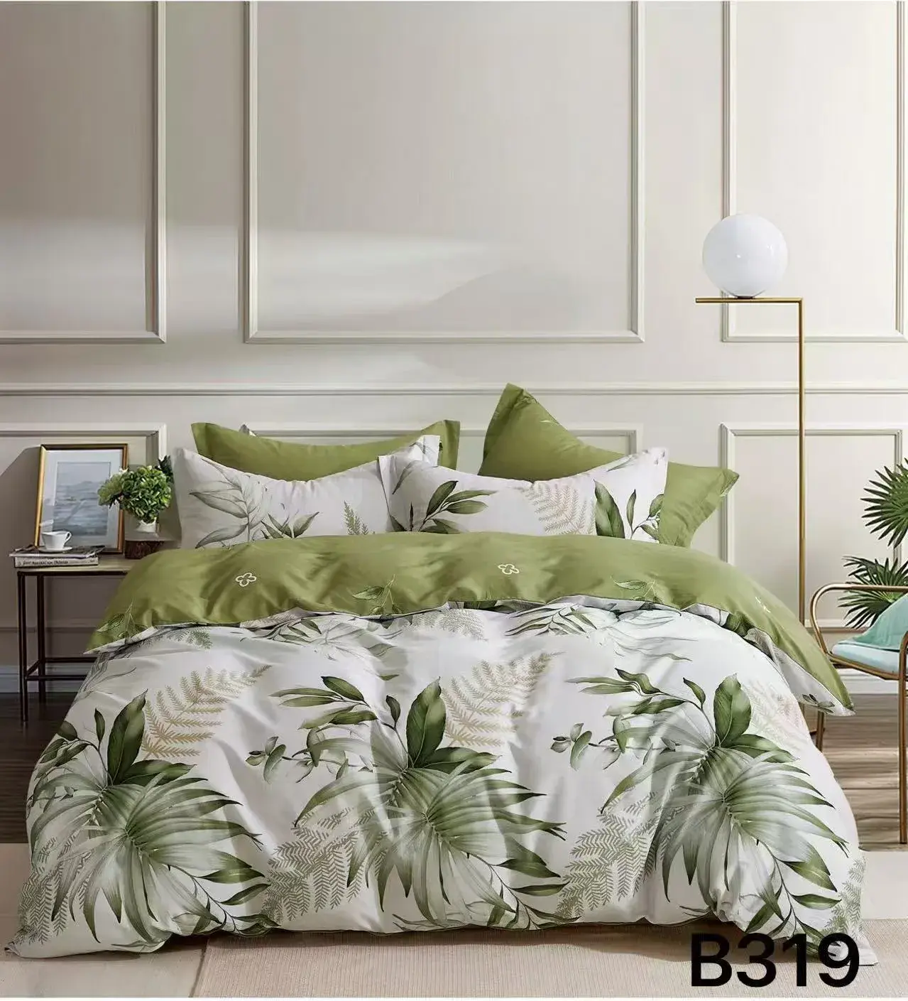 Pościel bawełniana 3cz 200x220cm wzór zielone liście B319