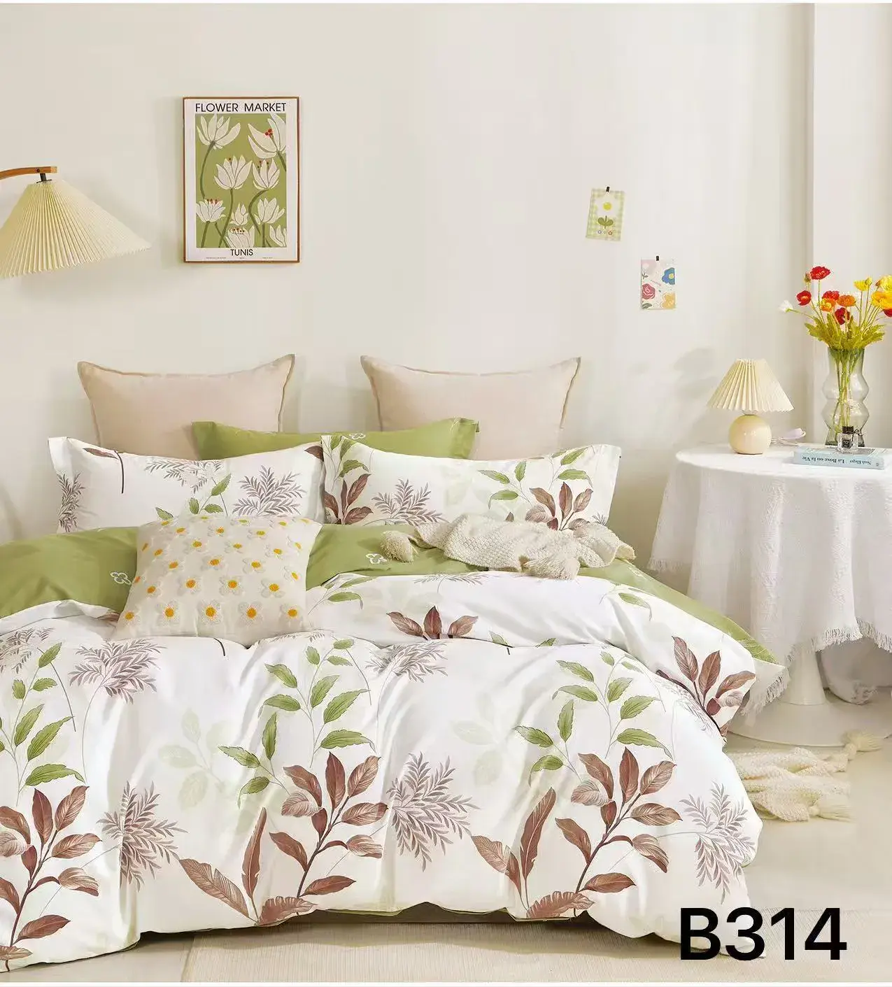 Pościel bawełniana 3cz 160x200cm wzór roślinny liście B314