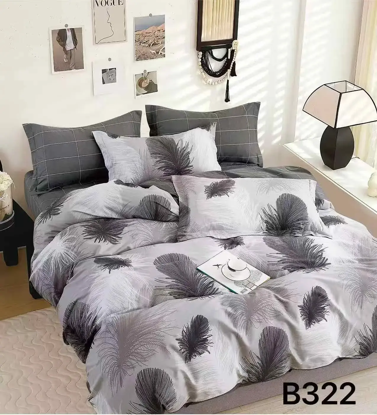 Pościel bawełniana 3cz 160x200cm szara wzór pióra B322