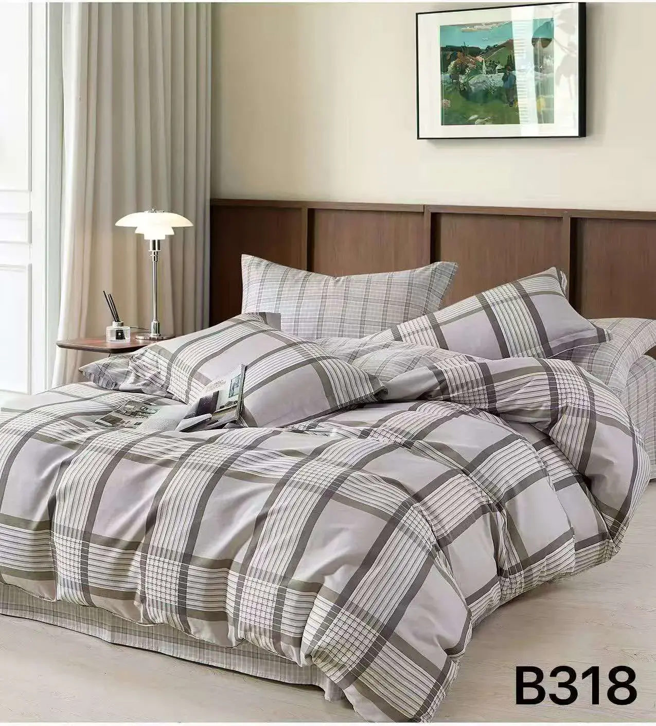 Pościel bawełniana 3cz 200x220cm kratka szaro-beżowa B318