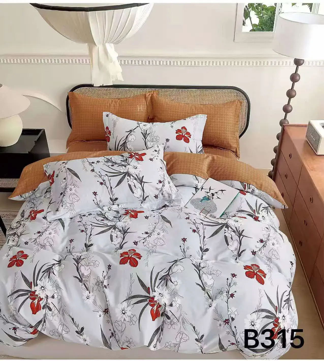 Pościel Bawełniana 3cz 160x200cm Biała w Czerwone Kwiaty B315