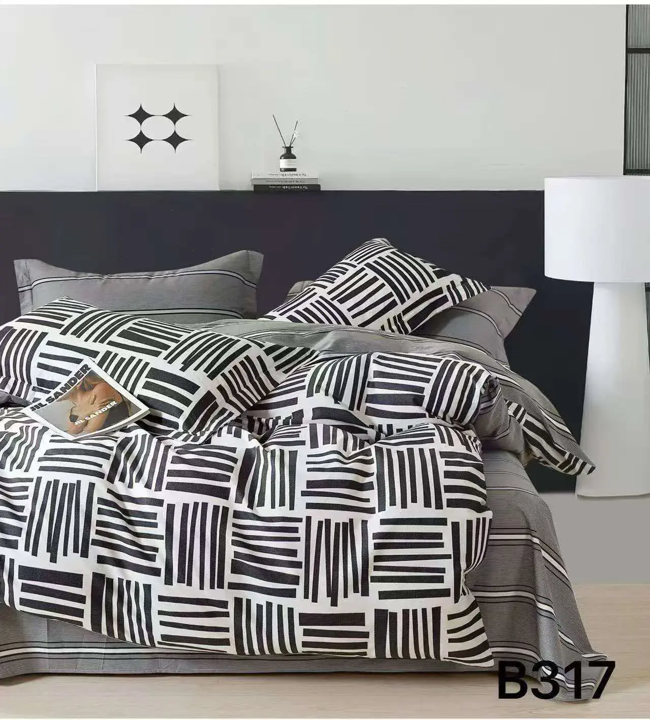 Pościel bawełniana 3cz 200x220cm czarno-biały wzór geometryczny