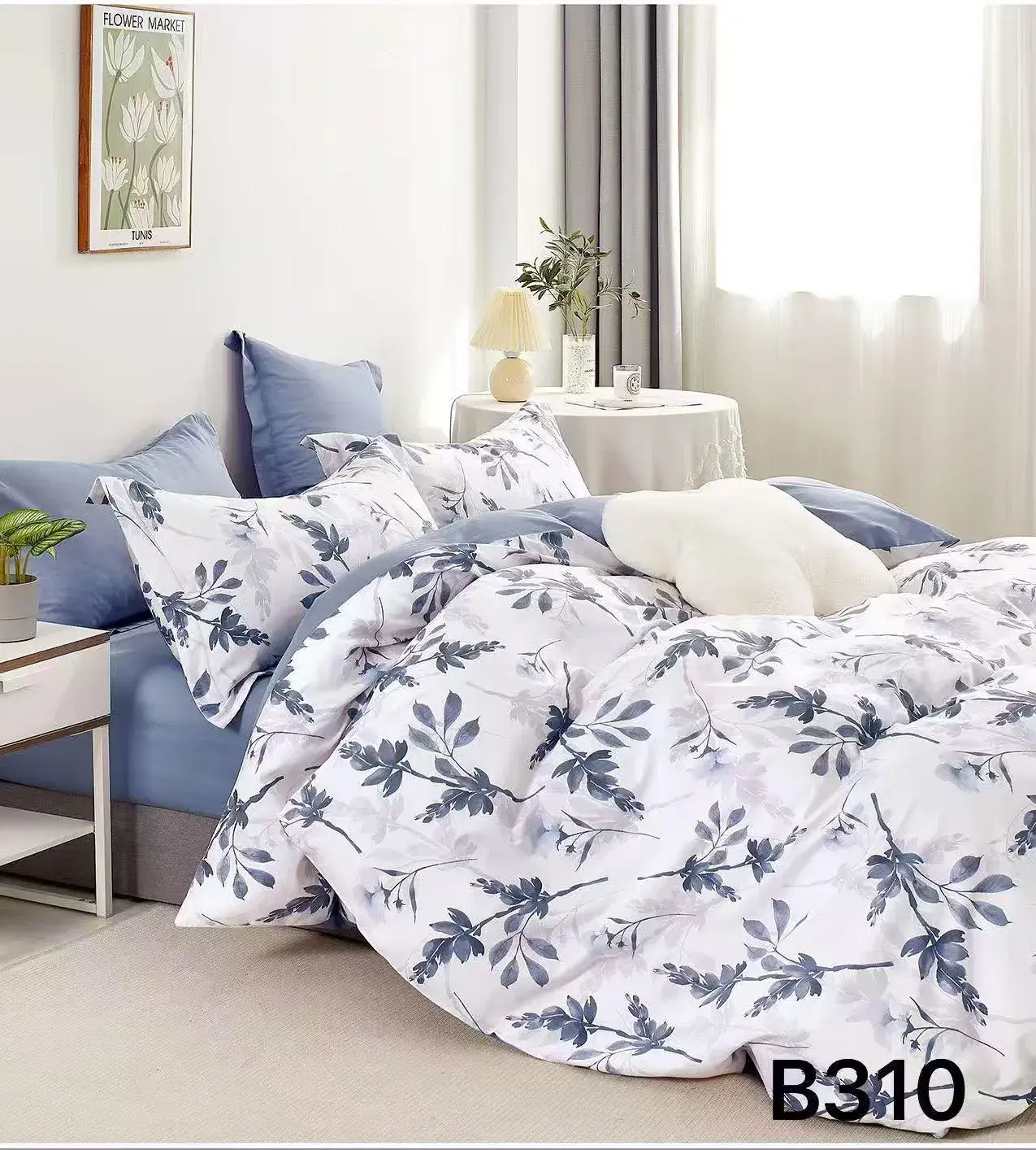Pościel bawełniana 3cz 160x200cm wzór szare liście B310