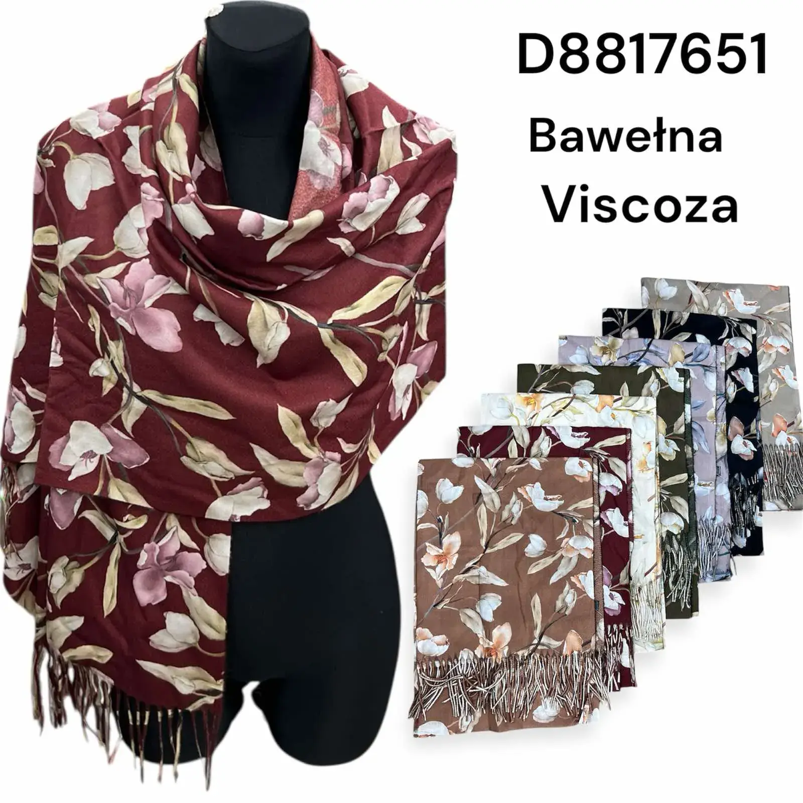 Szaliki damskie kwiatowe bawełna wiskoza D8817651
