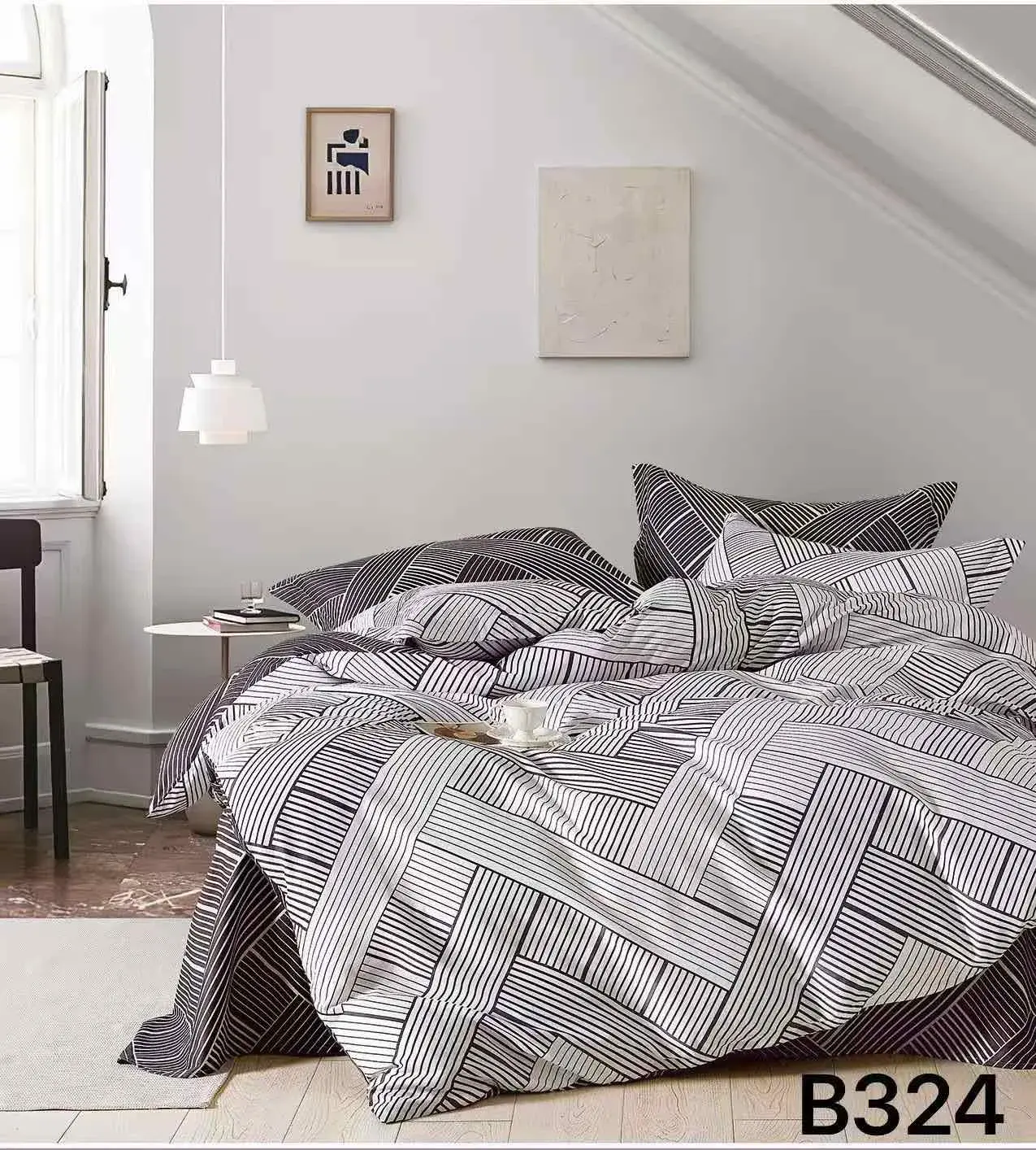 Pościel bawełniana 3cz 200x220cm czarno-biała wzór geometryczny