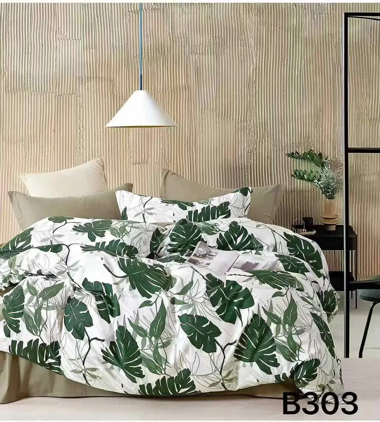 Pościel bawełniana 3cz 160x200cm zielone liście monstery B303