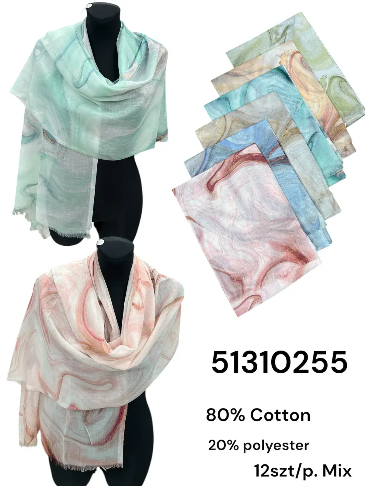 Szaliki damskie 80% bawełna 20% poliester mix 12 szt