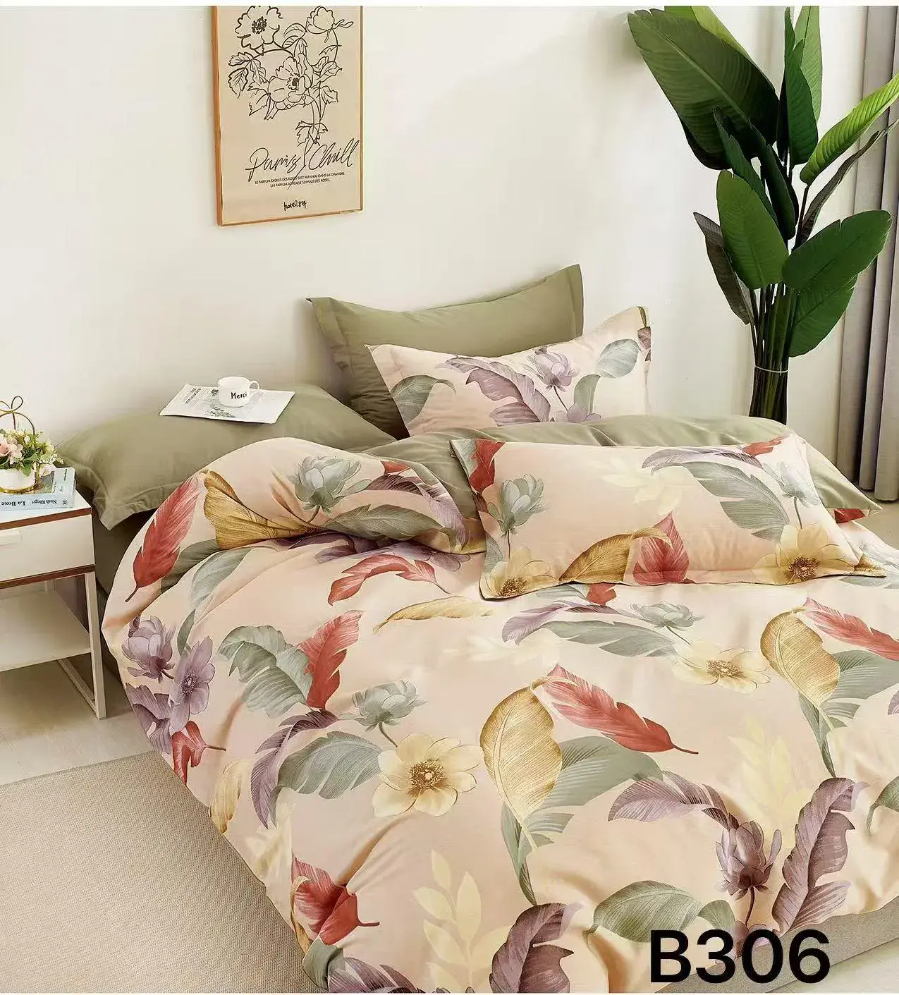Pościel bawełniana 3cz 160x200cm wzór liście kwiaty beżowa B306