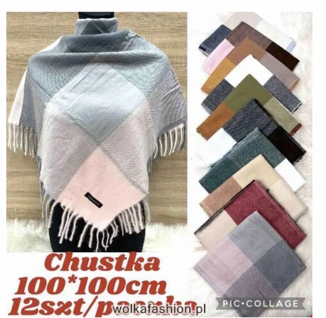 Szaliki damskie chusty w kratę z frędzlami 100x100cm - 12 szt.