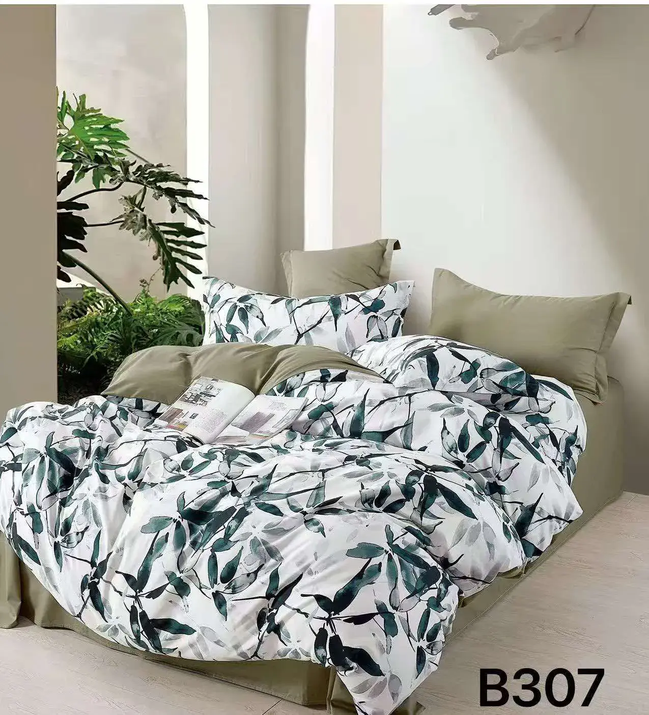 Pościel bawełniana 3cz 200x220cm zielone liście B307