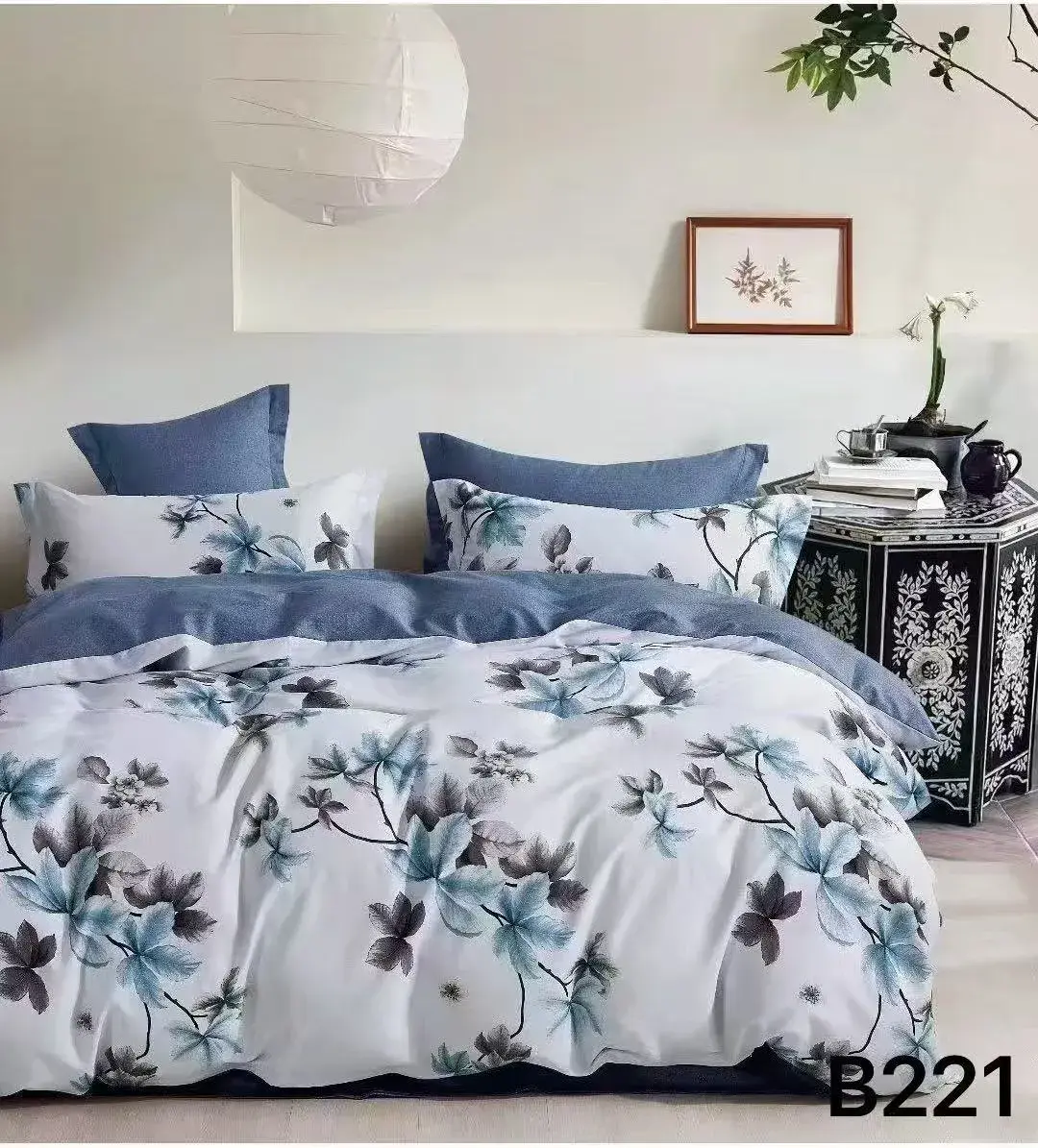 Pościel bawełniana 3cz 200x220cm wzór liście niebiesko-szare B221