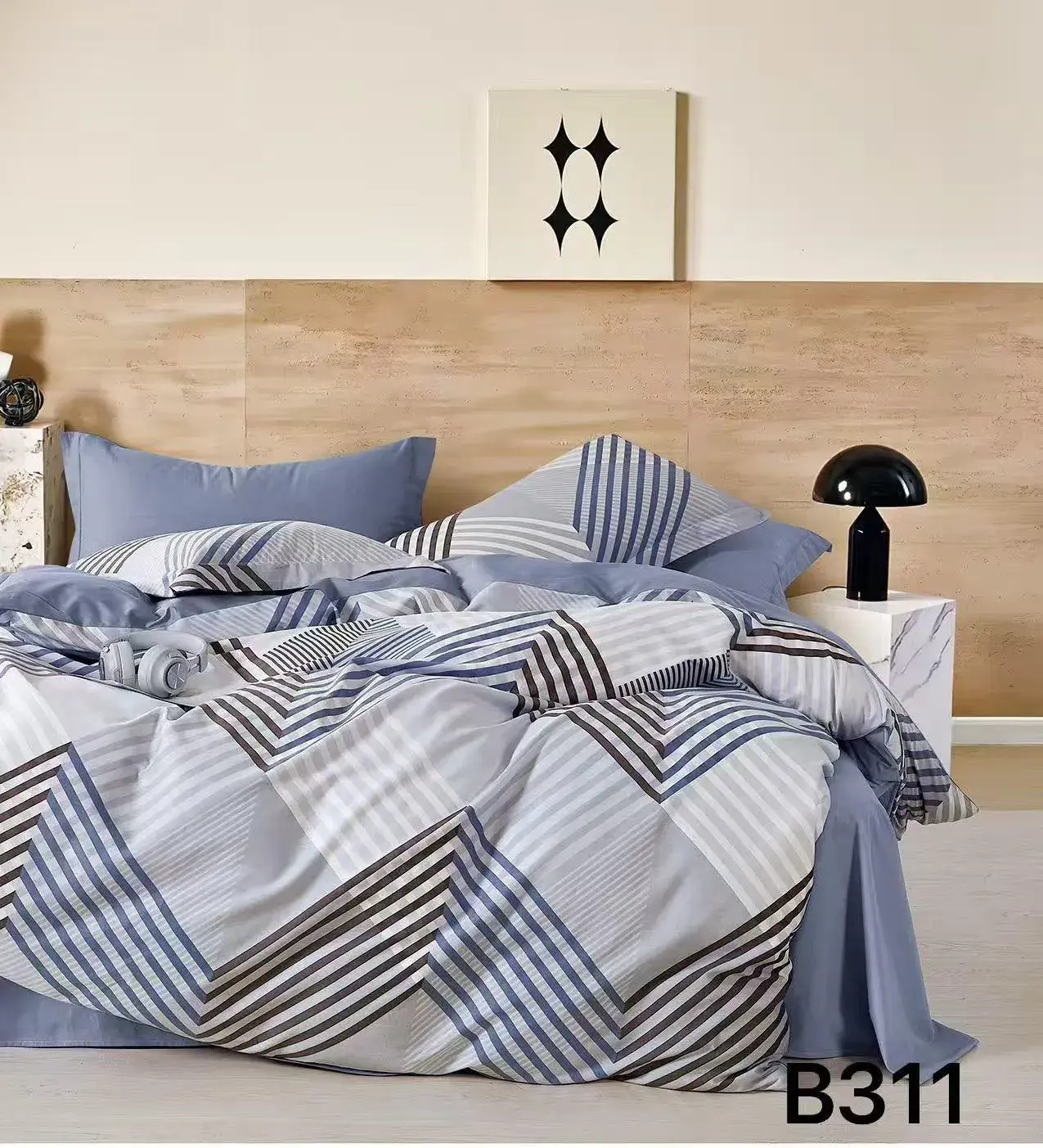 Pościel Bawełniana 3cz 200x220cm Wzór Geometryczny Niebieska B311