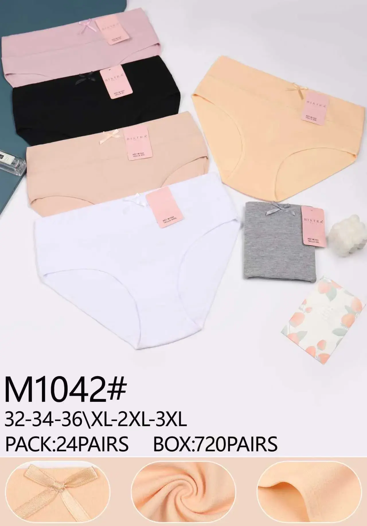Majtki damskie bawełniane M1042, rozmiary M-4XL, pack 24 szt