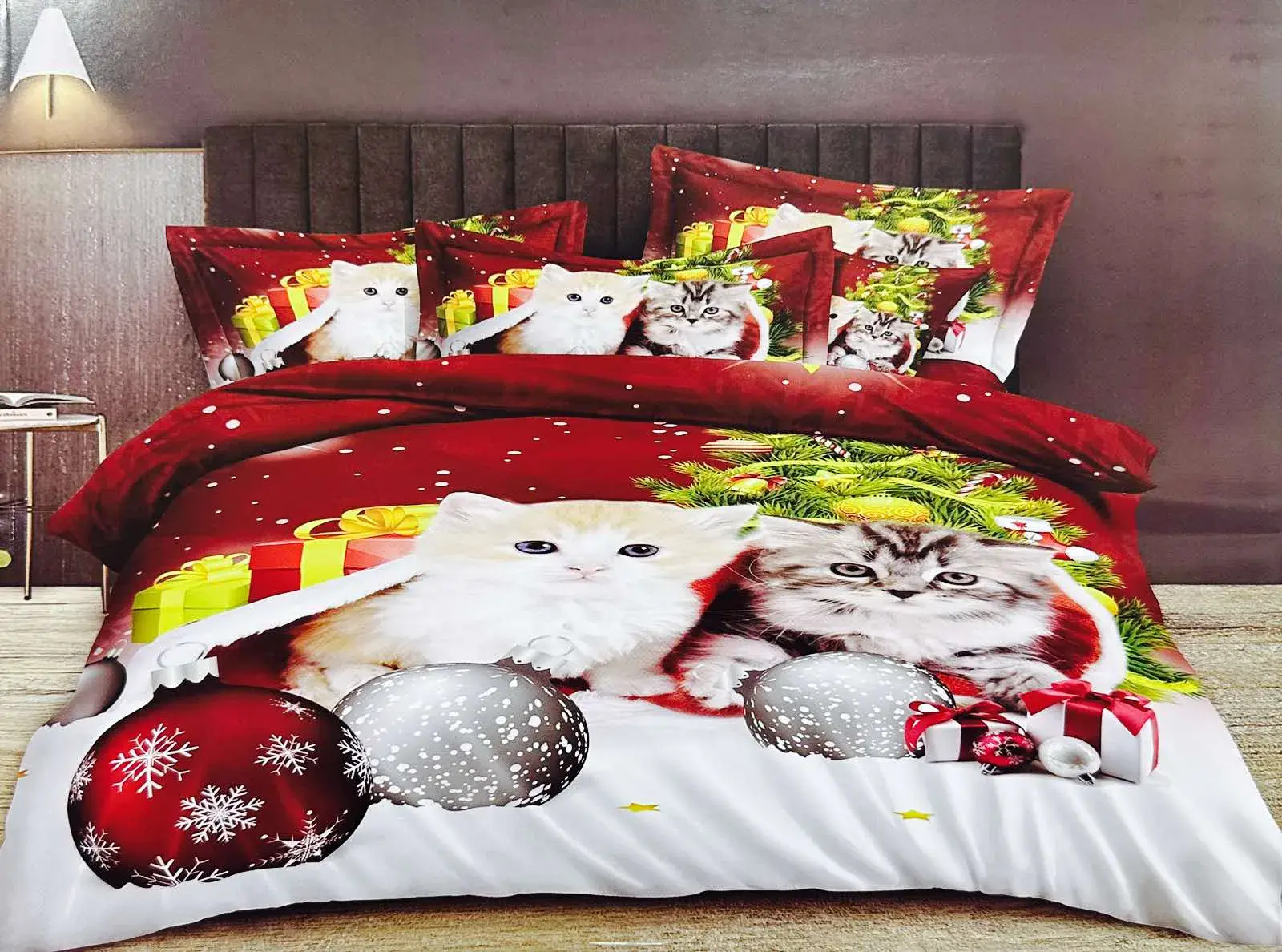 Komplet Pościeli 5D Satyna Bawełna 3CZ 200/220 Koty Świąteczne