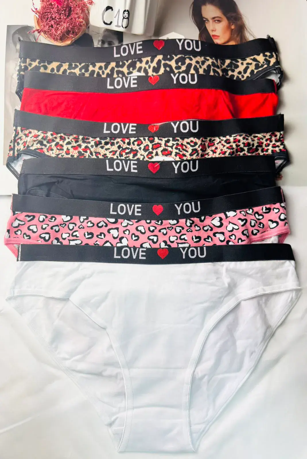 Majtki damskie Love You M L XL wzór leopard + serca