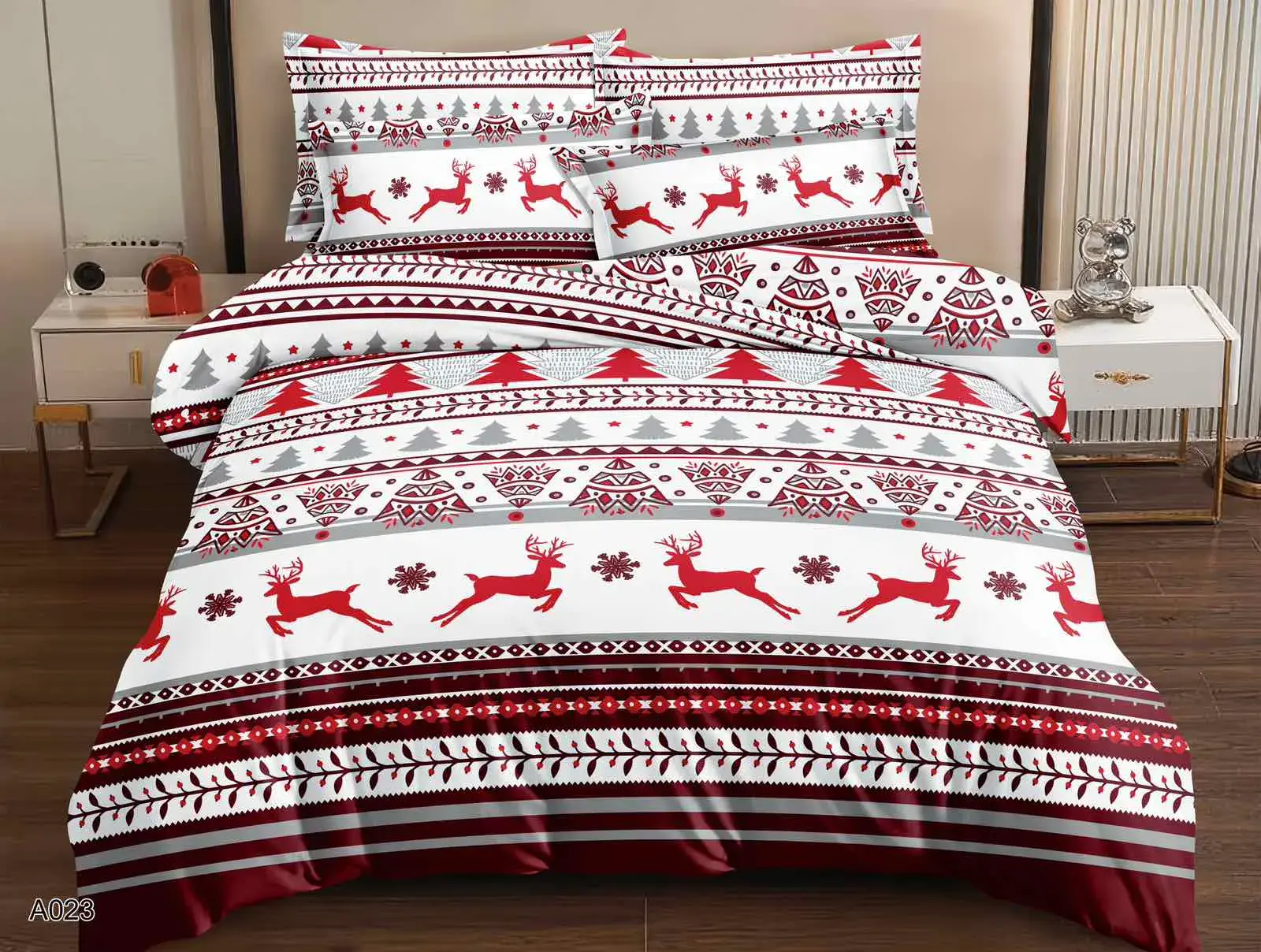 POŚCIEL BAWEŁNA 4CZ 160x200cm ŚWIĄTECZNA CZERWONO-SREBRNA