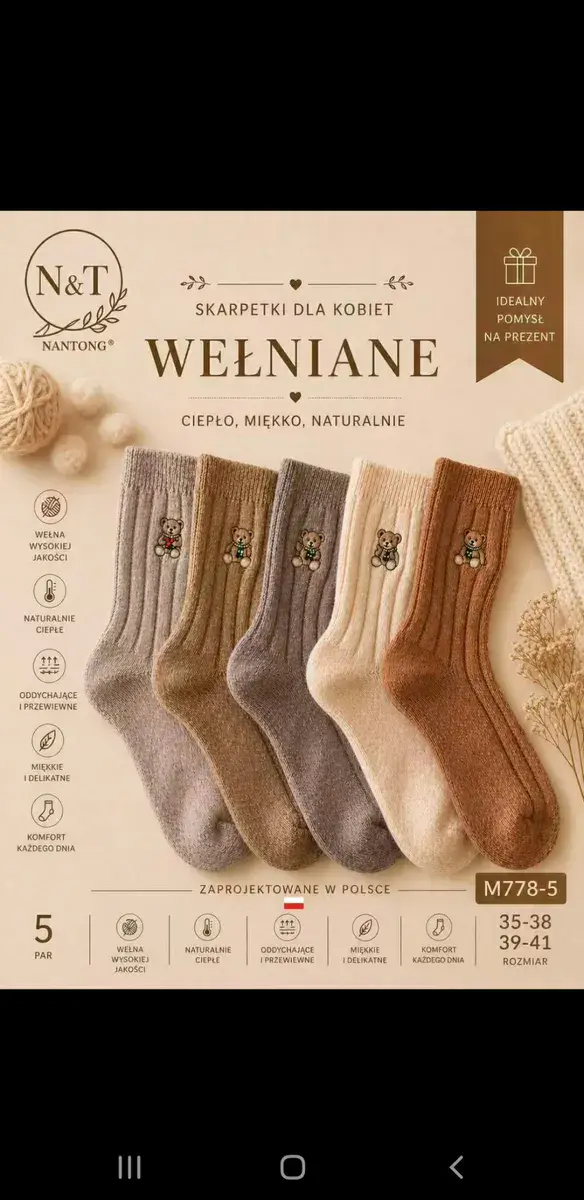 Wełniane skarpety damskie naturalne ciepłe 5 par M778-5
