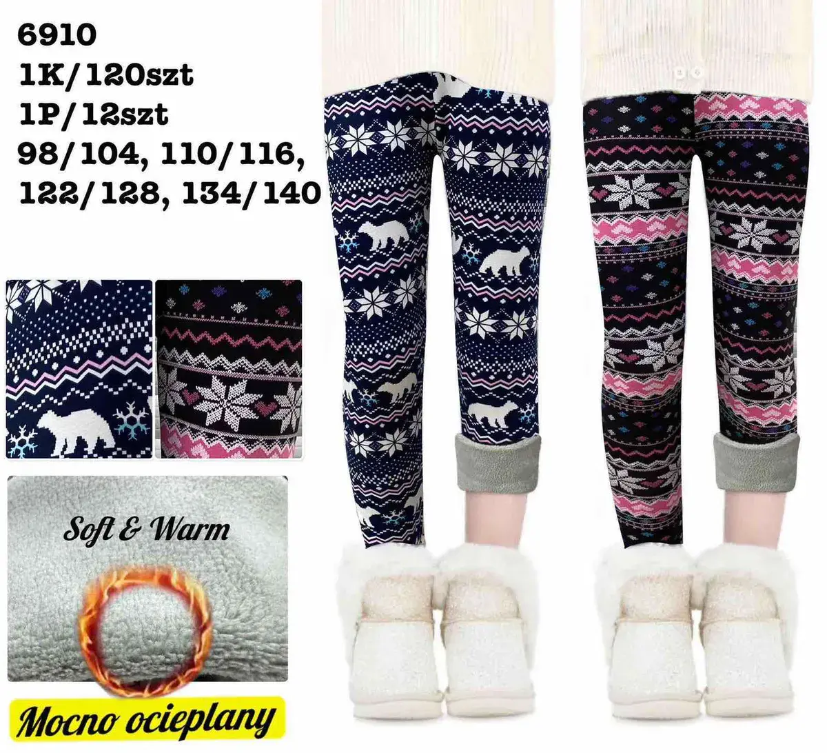 Legginsy dziecięce ocieplane wzór zimowy mix kolorów 98-140