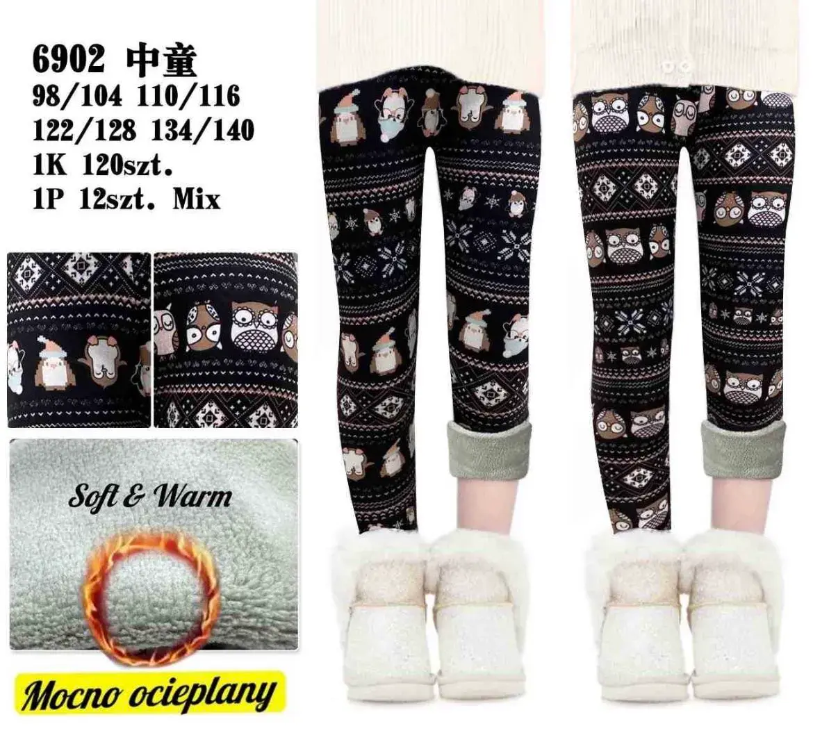 Legginsy dziecięce ocieplane czarne z wzorem sowy 98-140