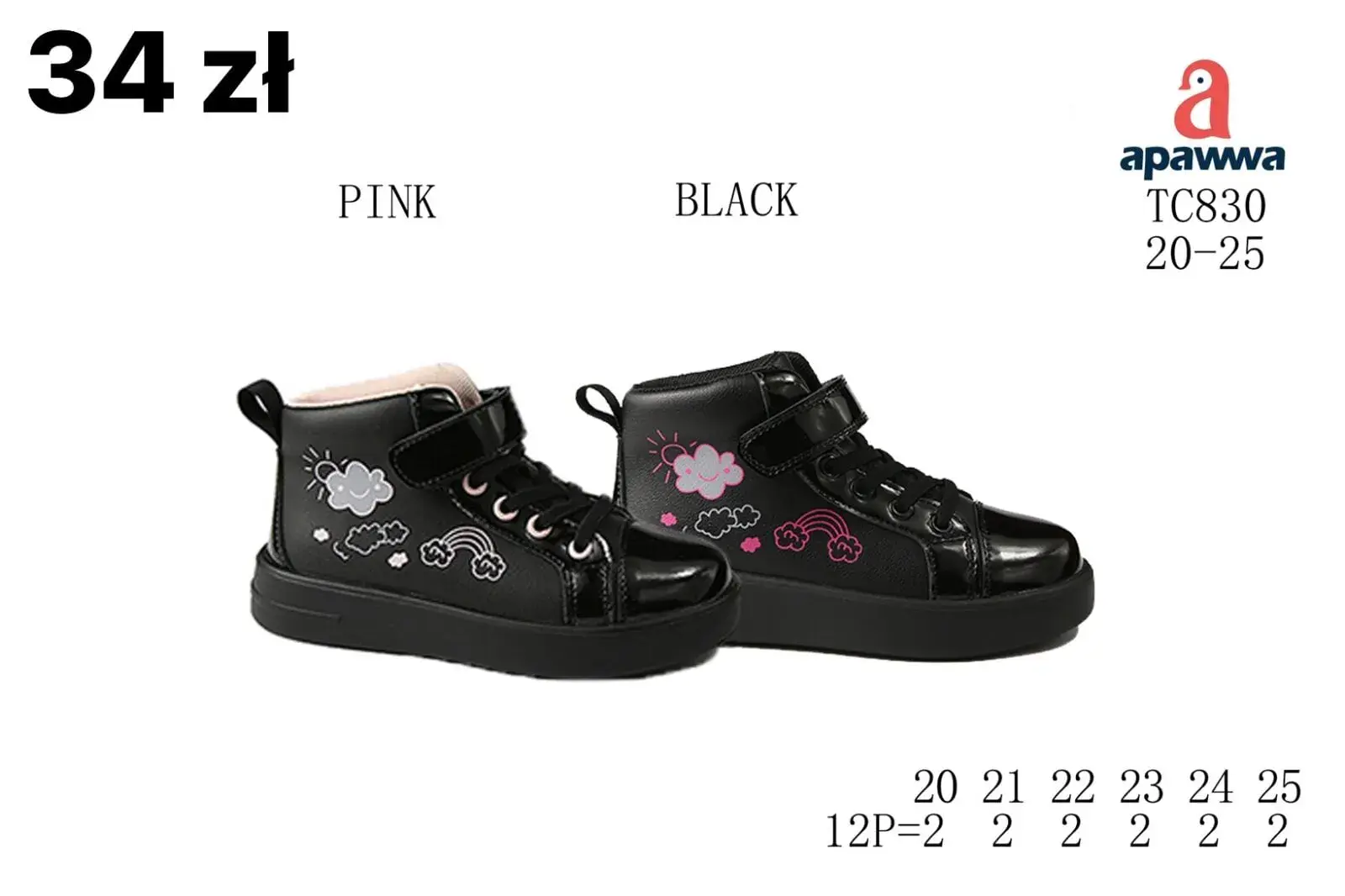 Buty Sportowe Dziecięce Apawwa TC830 Rozmiar 20-25 Czarne z Haftem