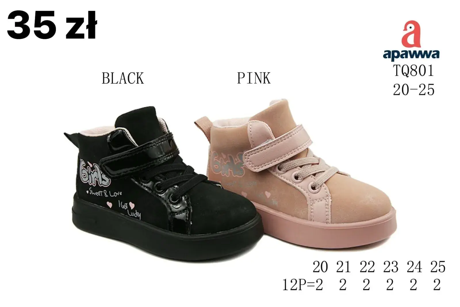 Buty sportowe dziecięce Apawwa TQ801 czarne i różowe 20-25 na rzepy