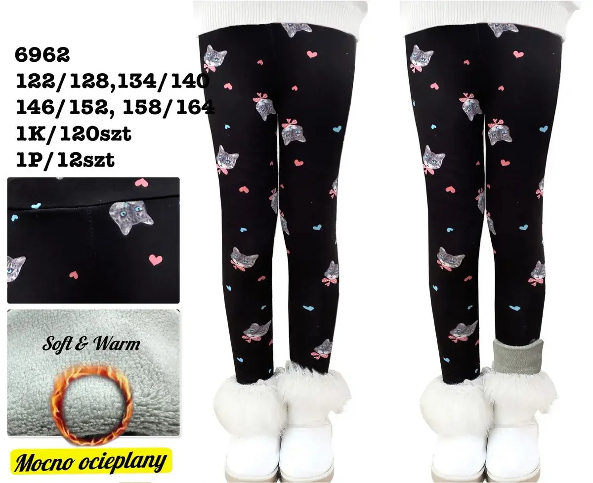 Legginsy dziecięce czarne z kotkami mocno ocieplane