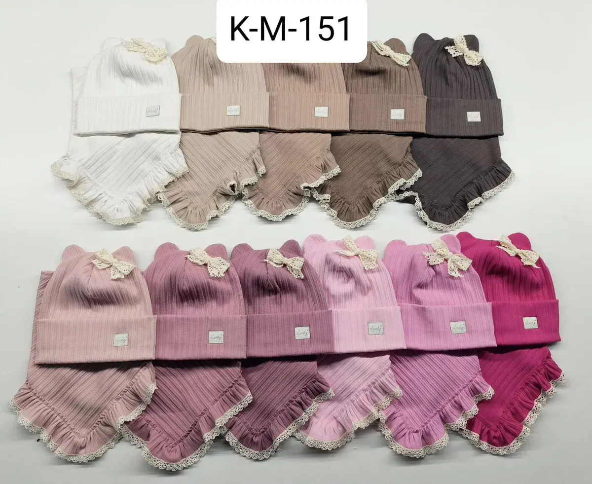 Zestaw czapka i chusta dziecięca prążkowana z koronką mix kolorów