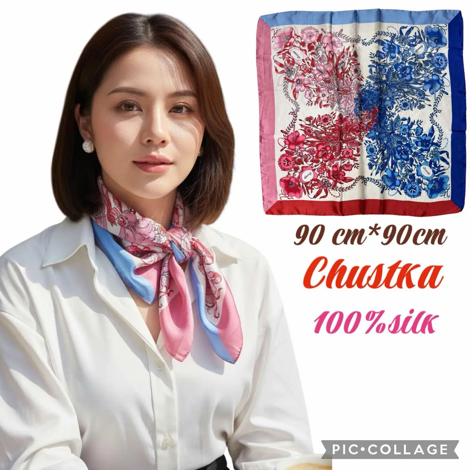 Chustka damska jedwabna 90x90 cm wielobarwna
