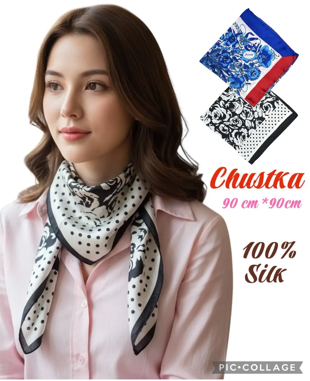 Chustka damska jedwabna 90x90 cm czarno-biała