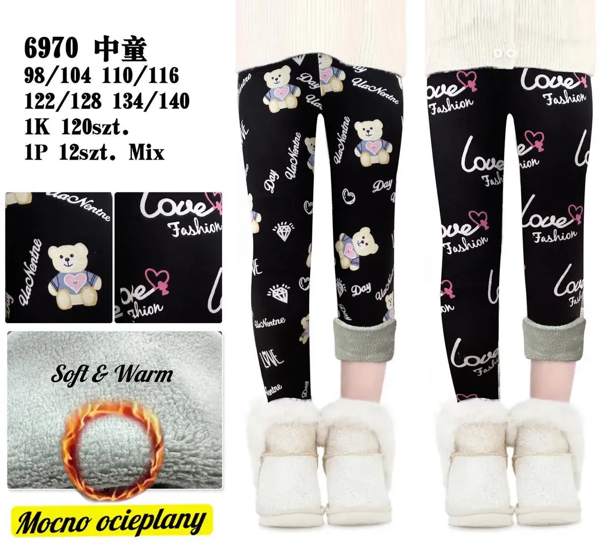 Legginsy dziecięce czarne z misiami i napisem Love, ocieplane