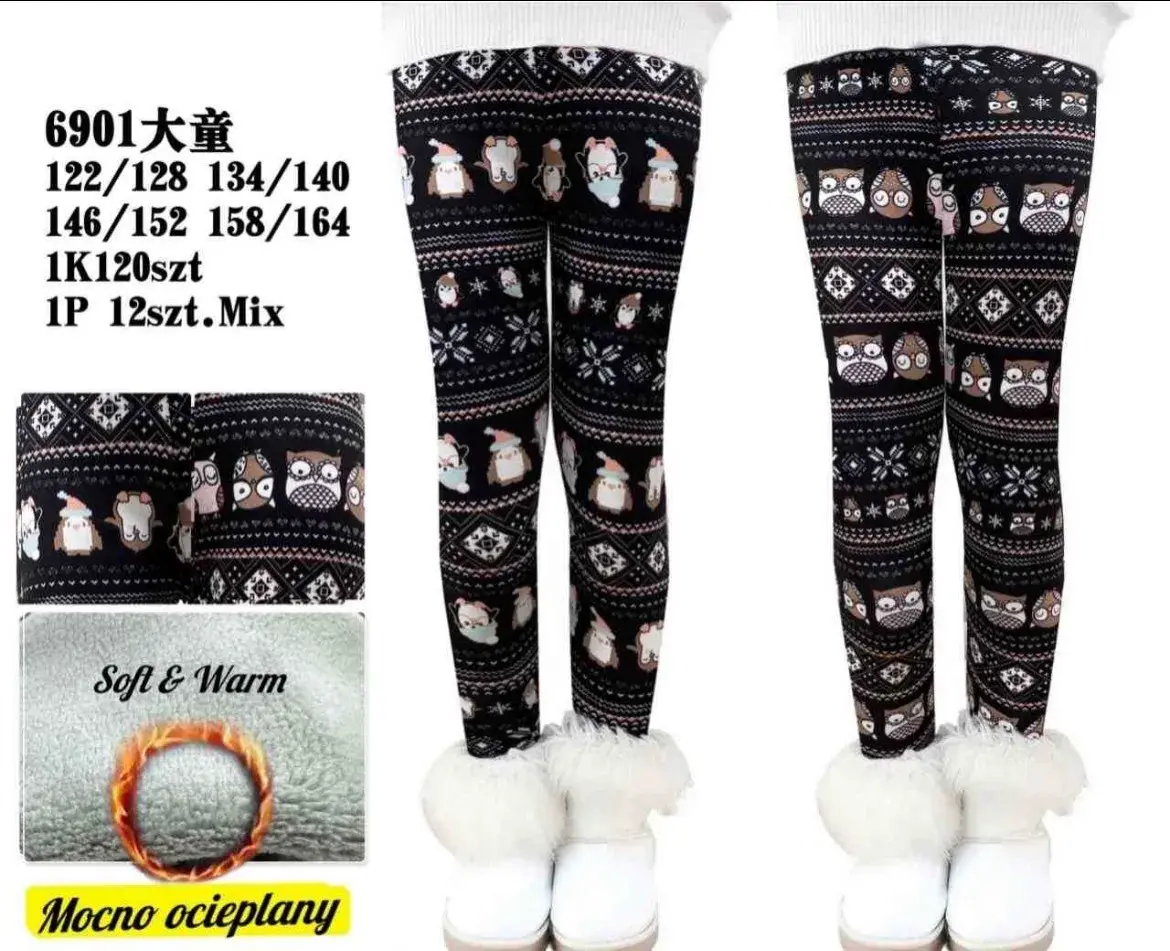Legginsy dziecięce czarne z motywem zimowym mocno ocieplane