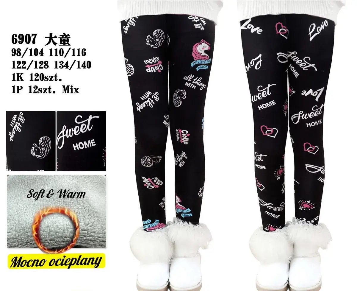 Legginsy dziecięce czarne z nadrukiem i ociepleniem 98-140