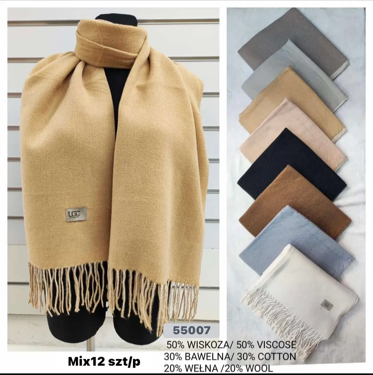 Szaliki damskie mix 12 szt 55007 50% wiskoza 50% viscose