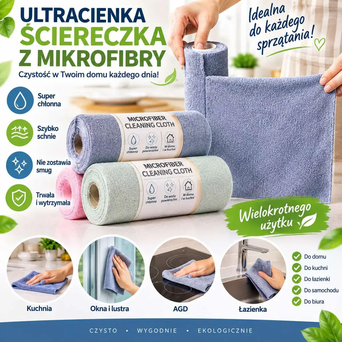Ściereczka z mikrofibry w rolce chłonna wielokrotnego użytku