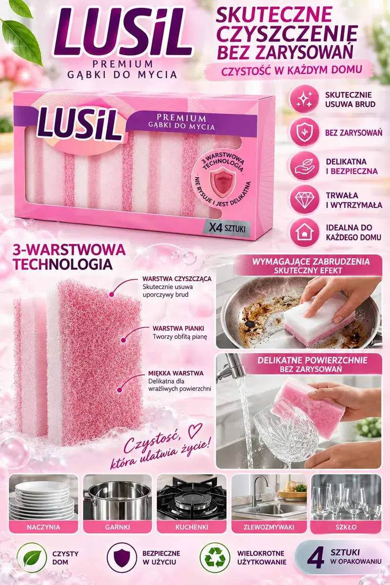 LUSIL Premium różowe gąbki do mycia 4 sztuki 3-warstwowe