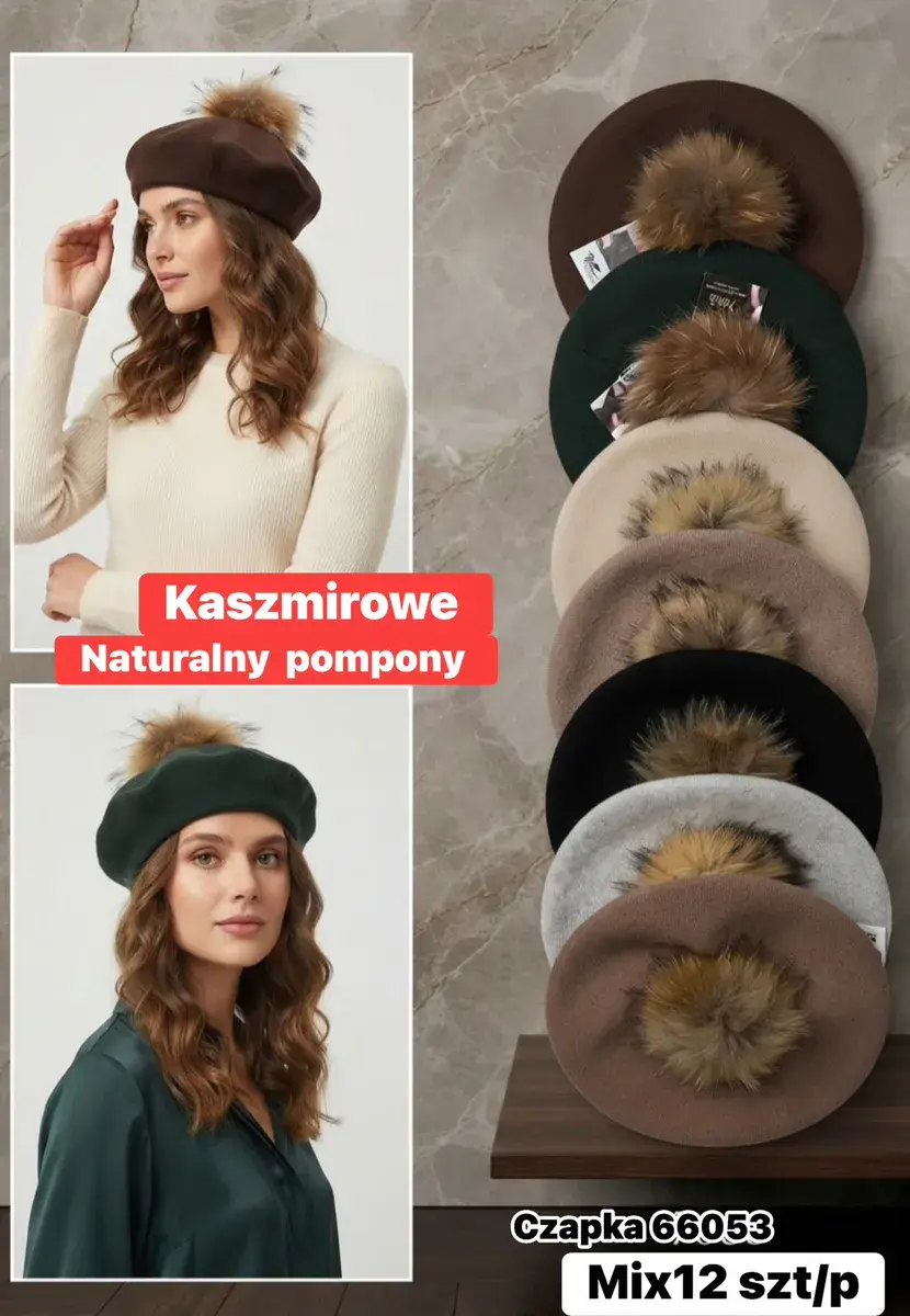 Kaszmiorowy beret damski z naturalnym pomponem mix kolorów