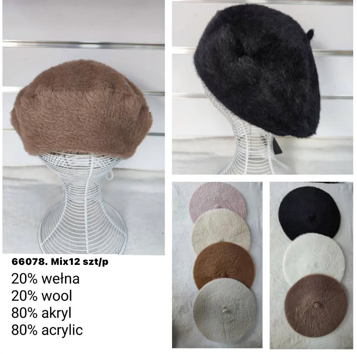 Beret damski miękki mix kolorów 20% wełna 80% akryl