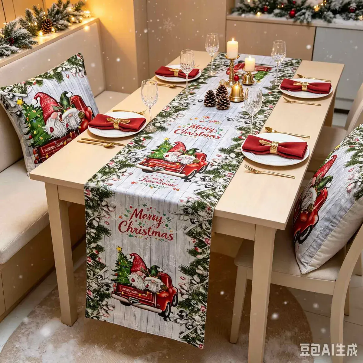 Bieżnik świąteczny Velvet 40x90 cm z motywem Mikołajów i choinki