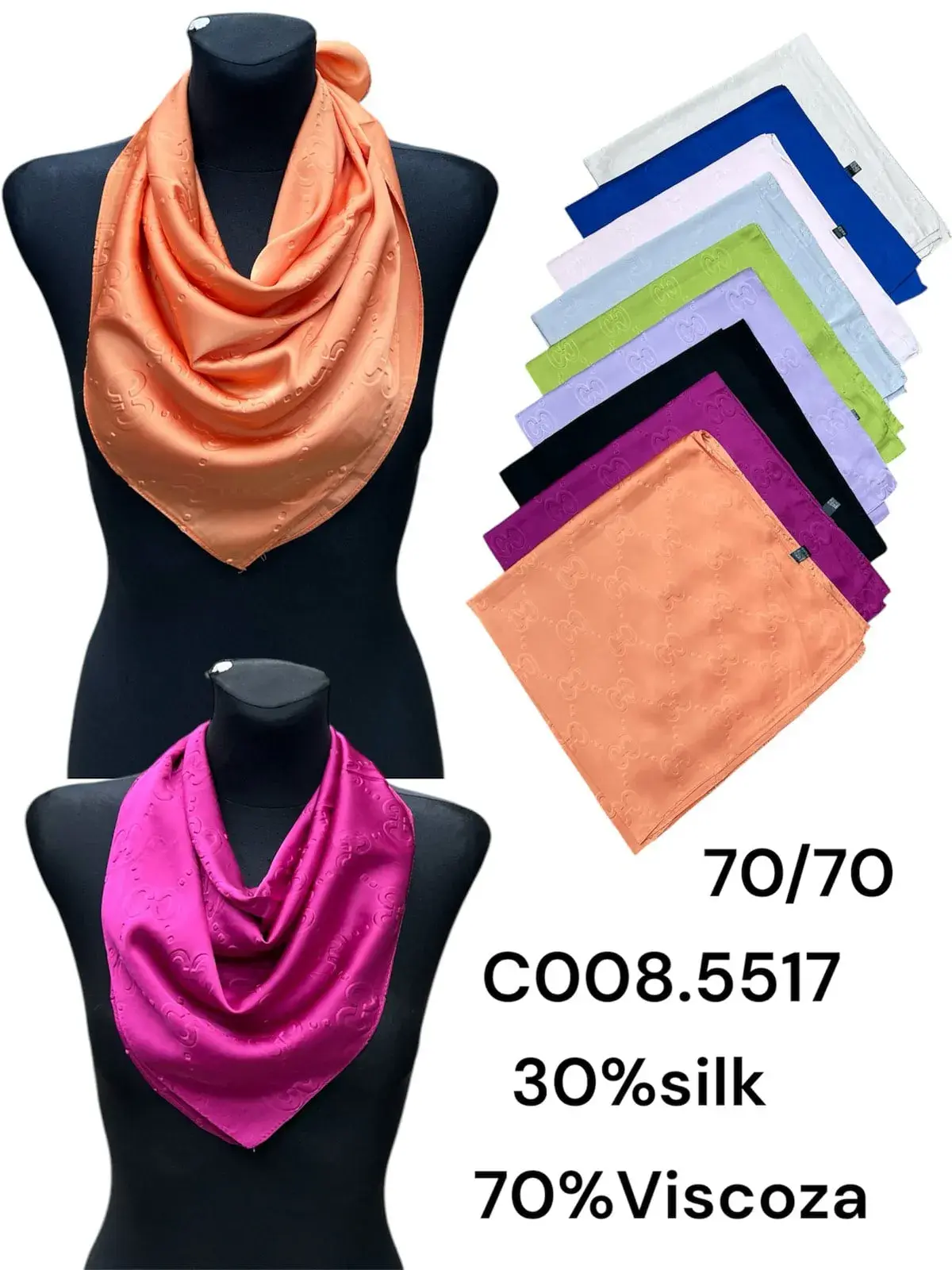 Apaszka damska 70x70 cm, 30% jedwab 70% wiskoza, wzór tłoczony, mix