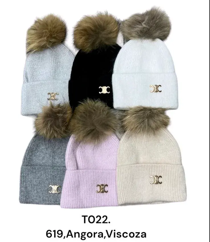 Czapka damska z pomponem angora i wiskozą mix kolorów
