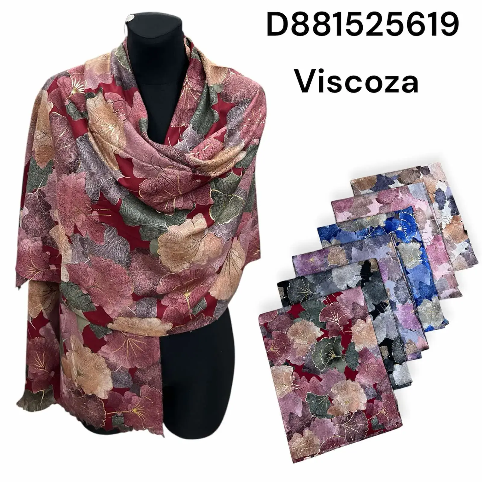 Apaszka damska wiskoza wzór liście miłorzębu mix kolorów 12szt