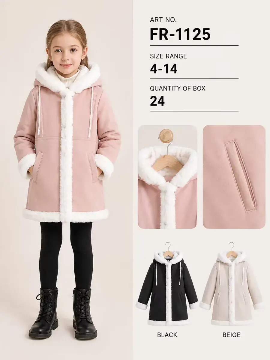 Płaszcz dziecięcy z kapturem różowy z białym futerkiem 4-14 lat