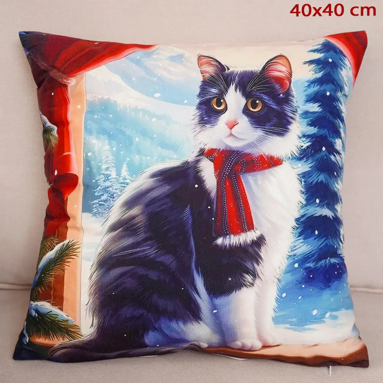 Poszewka świąteczna 40x40cm kot w szaliku biało-czarny