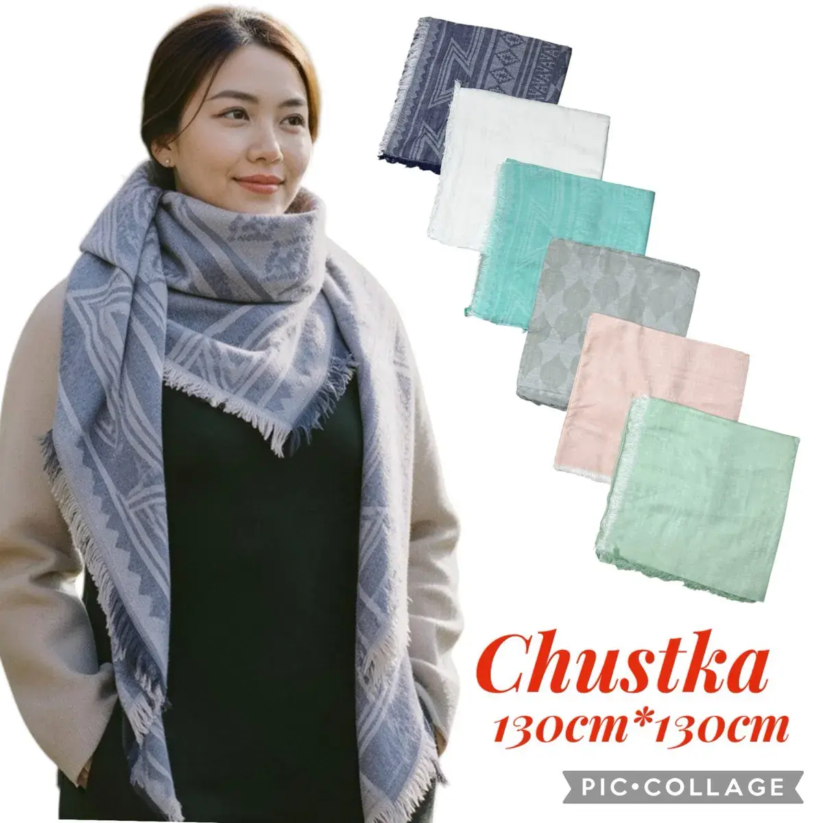 Chustka damska 130x130 cm wzory geometryczne pastelowe kolory