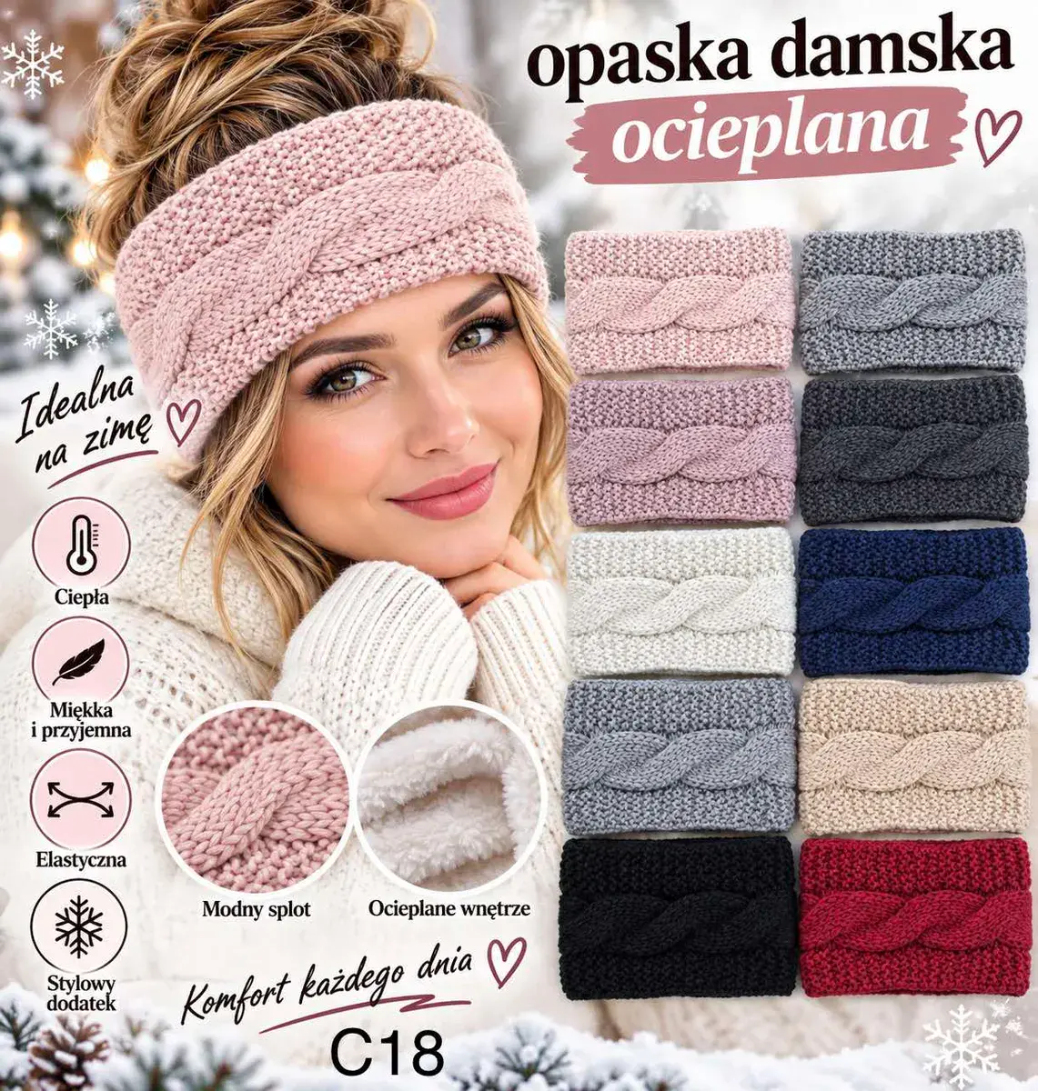 Opaska damska ocieplana z modnym splotem, różne kolory