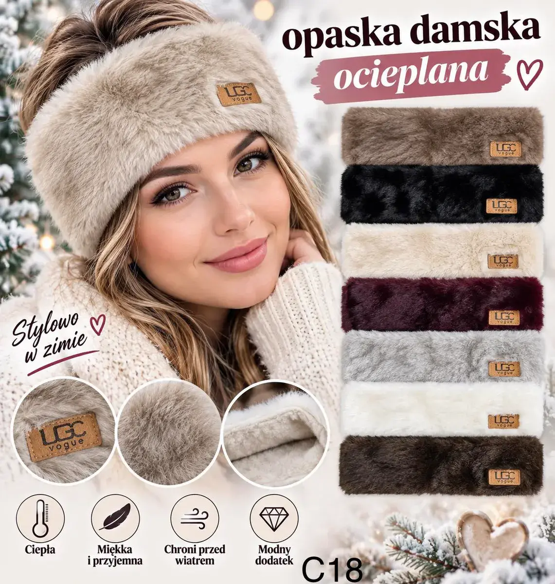 Opaska damska ocieplana miękka na zimę różne kolory