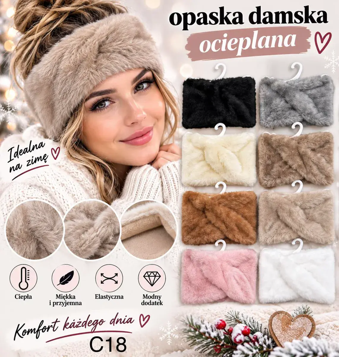 Opaska damska ocieplana miękka i elastyczna C18 wielokolorowa